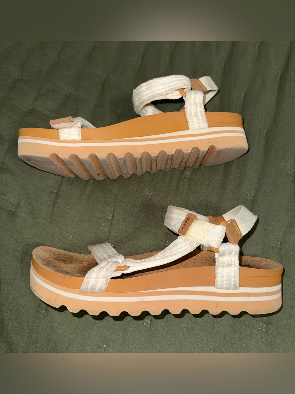 Reef White Strappy Platform Sandals with Tan Sole - Women size 11